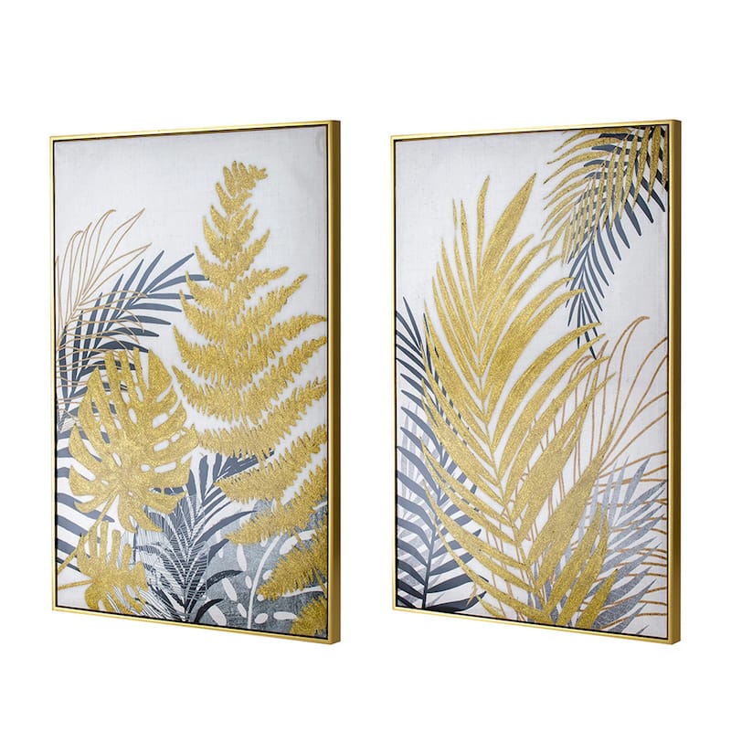 Nir 23 x 35 Set of 2 Palm Leaf Wall Art, Frame Decor, Black Gold, Gray Wood