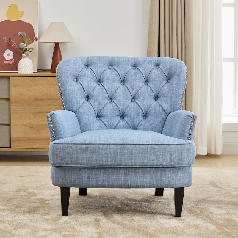 Vintage Upholstered Lounge Chair, Tufted Single Sofa Armchair with Nailhead Trim, Wood Legs, Curved Backrest for Bedroom, Office