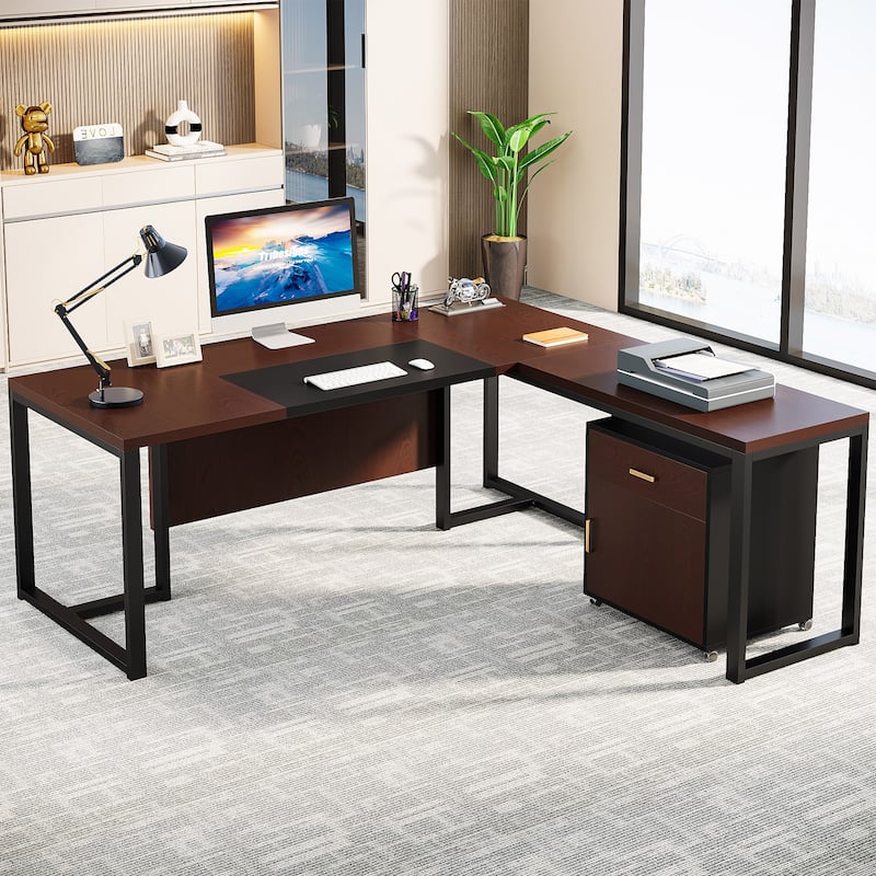 70.8’’ Executive Desk with File Cabinet, Large L-Shaped Office Executive Desk Computer Desk