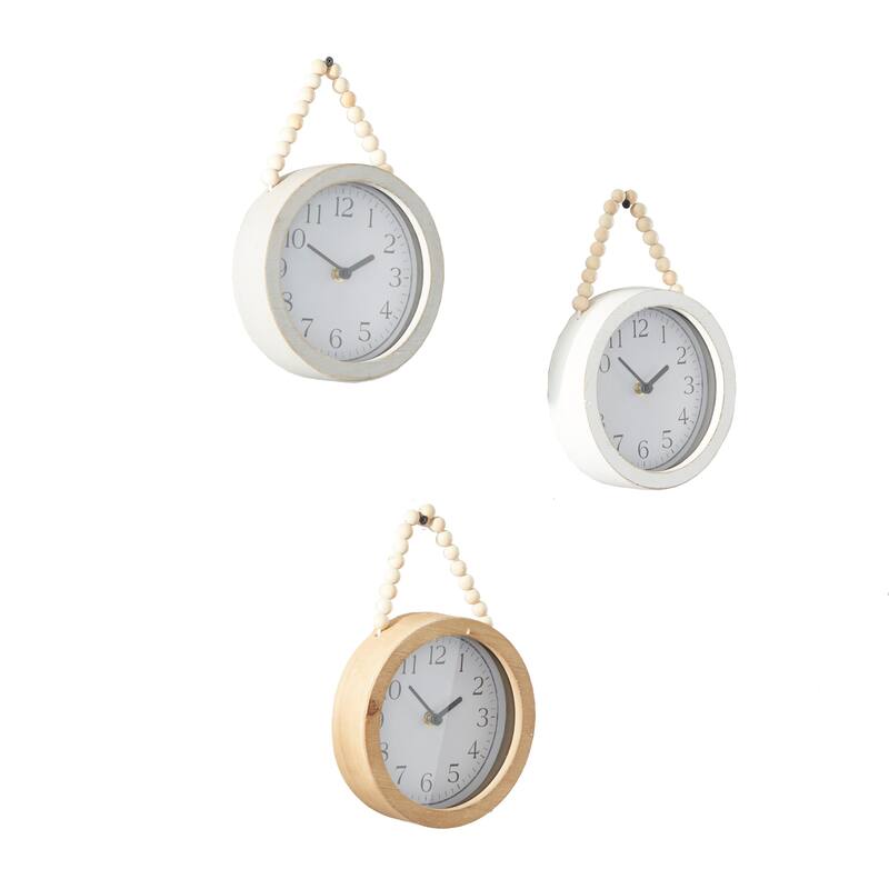 White Wood Wall Clock with Rope Strap (Set of 3)