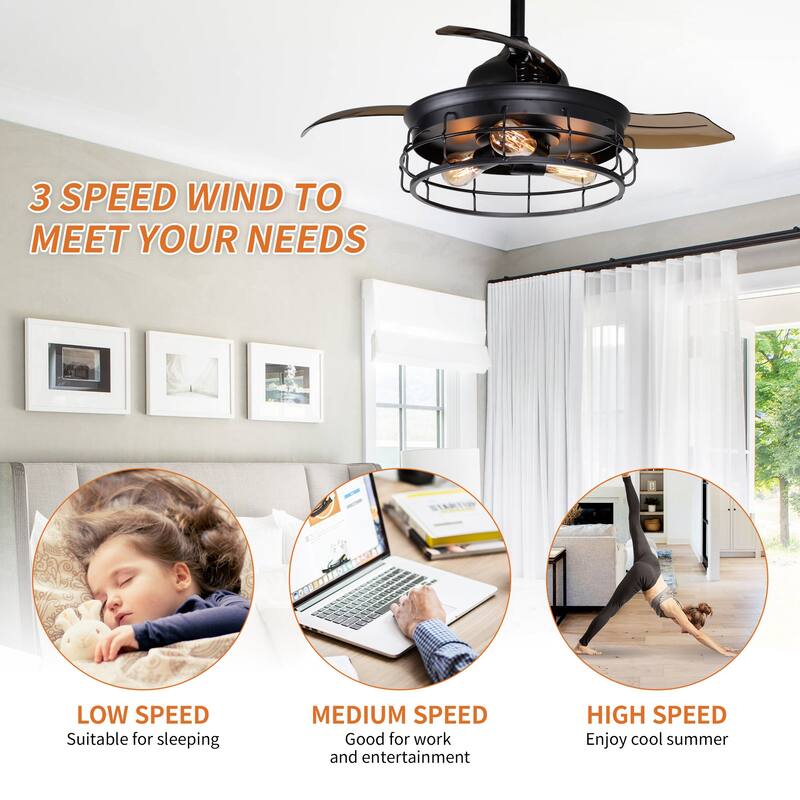 36 in. Modern Black Retractable Ceiling Fan with Light Kit and Remote - 36 in
