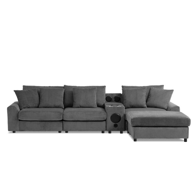 114" Corduroy L-Shaped Smart Sectional Sofa with Bluetooth Speakers, Charging Console and Cup Holders & Storage Ottoman