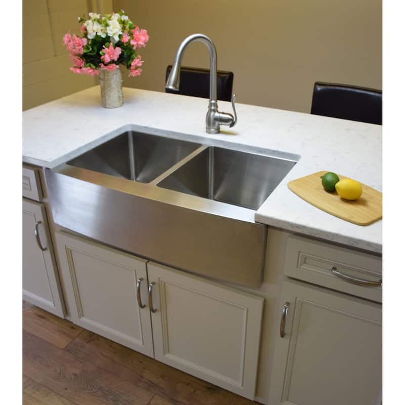 Karran Elite Apron-Front Stainless Steel 36 in. 16-Gauge Double Bowl Farmhouse Kitchen Sink Kit