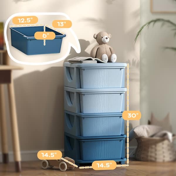 dimension image slide 1 of 2, 4 Tier Kids Storage Unit, 4 Drawer Chest Toy Organizer Plastic Bins for Bedroom Nursery Living Room for Boys Girls Toddlers