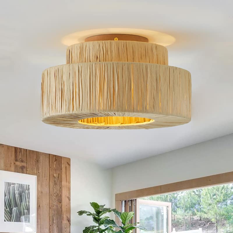 Farmhouse 1-Light Paper Woven Double Tier Flush Mount Ceiling Light