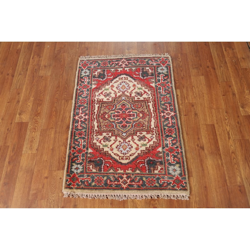 Hand Knotted Oriental 100% Wool Carpet Traditional Medallion Beige & Ivories Heriz (serapi) Area Rug - 3' 0'' X 2' 0''