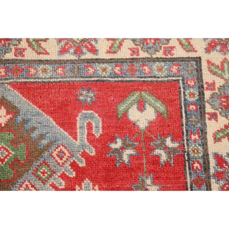 Geometric Orange Kazak Rug Hand-Knotted Wool Carpet - 3'4" x 5'0"