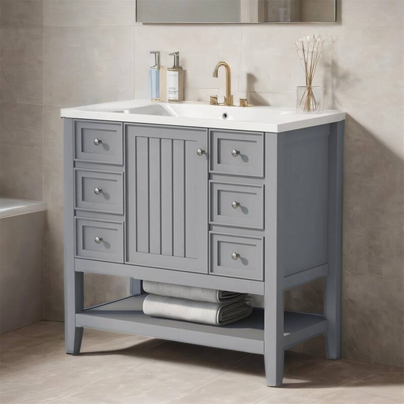 36" Bathroom Vanity w/ Ceramic Sink, 1 Cabinet, 3 Drawers - Solid Wood