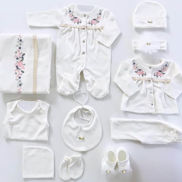 slide 2 of 6, Newborn Baby Girl Outfit Set - Flower Embroidered Layette & Lace Details White