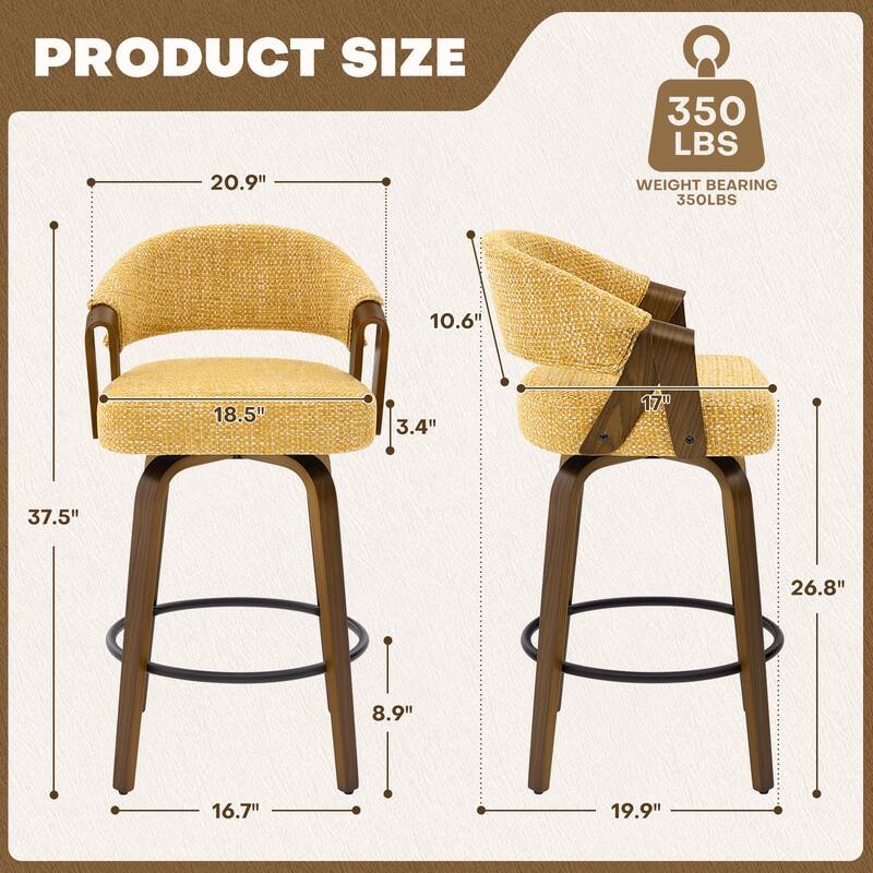 Mid-Century Upholstered Swivel Bar Stool/ Counter Stools with Curved Back - 37.5"H x 20.9"W x 19.9"D