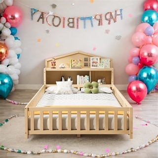 Full-Size Montessori Floor Bed with Bookcases & Blackboards, Solid Wood Design for Kids with Guardrails & Storage, Grey