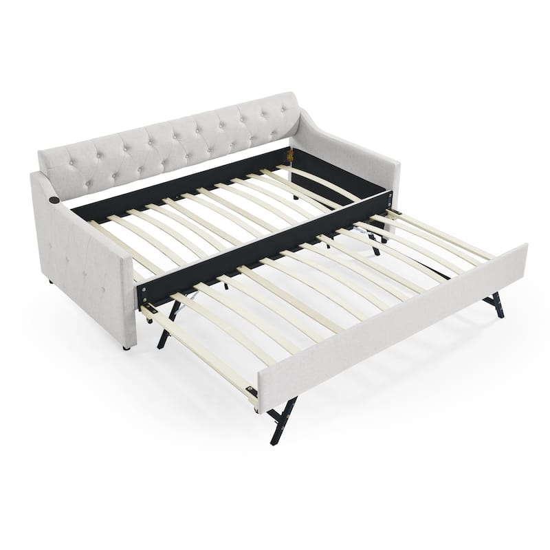 Twin Size Upholstery Daybed with Erectable Trundle & USB Design