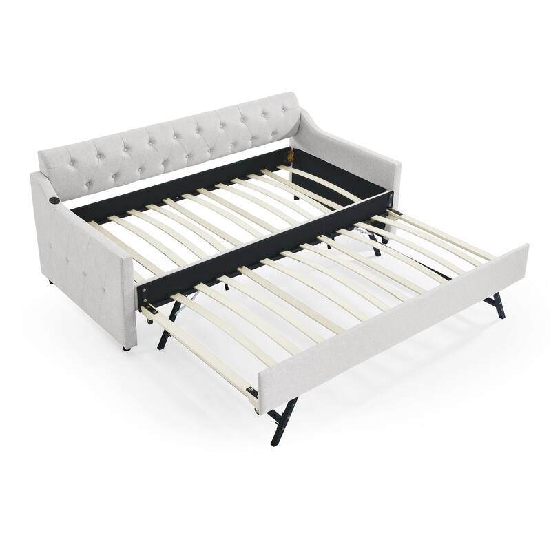 Twin Size Upholstery Daybed with Erectable Trundle and USB