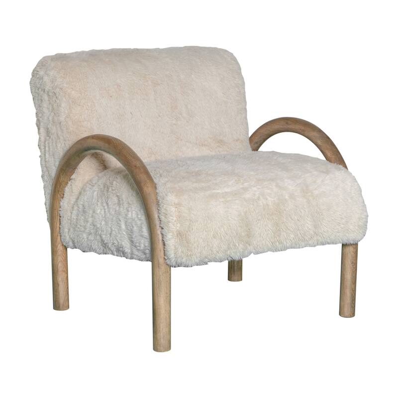 HomeRoots 30" Off White and Natural Faux Fur And Wood Arm Chair - 29.75 in. x 31.00 in. x 31.00 in.