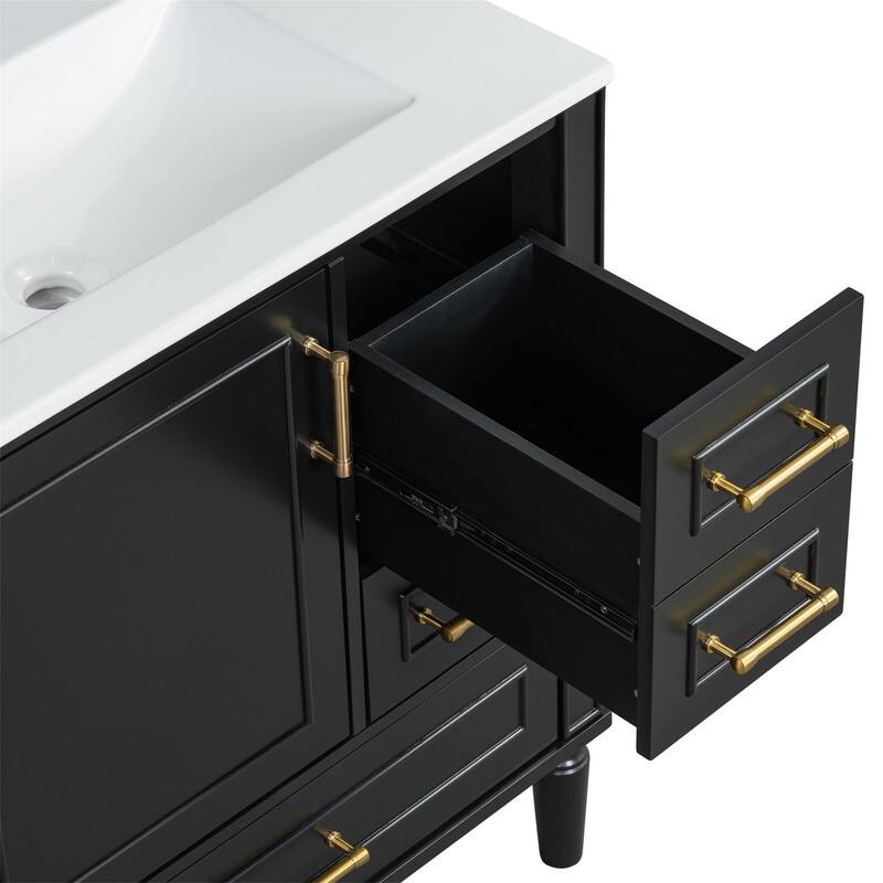 Traditional 30" Bathroom Vanity with Ceramic Sink, Freestanding Bathroom Vanity Cabinet with 3 Drawers and 1 Soft Close Door