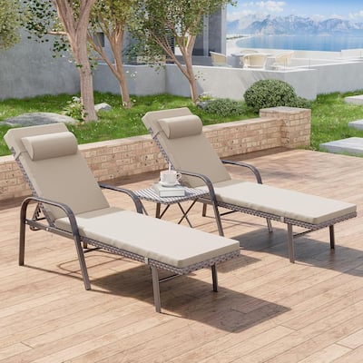 3-Piece Outdoor Wicker Chaise Lounge with Armrests and Cushions