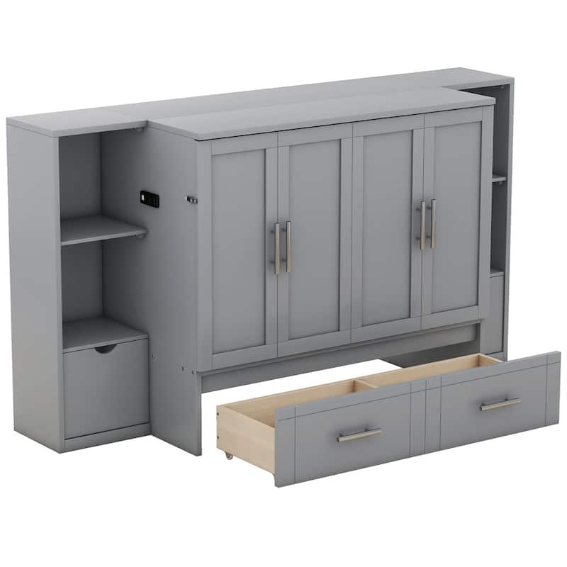 Merax Queen Size Murphy Bed with Shelves, Drawers and USB Ports
