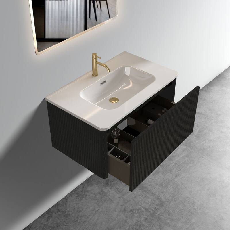 36" Etna Floating Vanity with White Ceramic Sink, Striped Black Oak Texture, Curved Edges