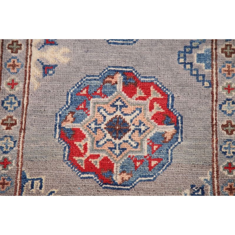 Geometric Kazak Oriental Accent Rug Hand-Knotted Grey Wool Carpet - 2'7"x 4'1"