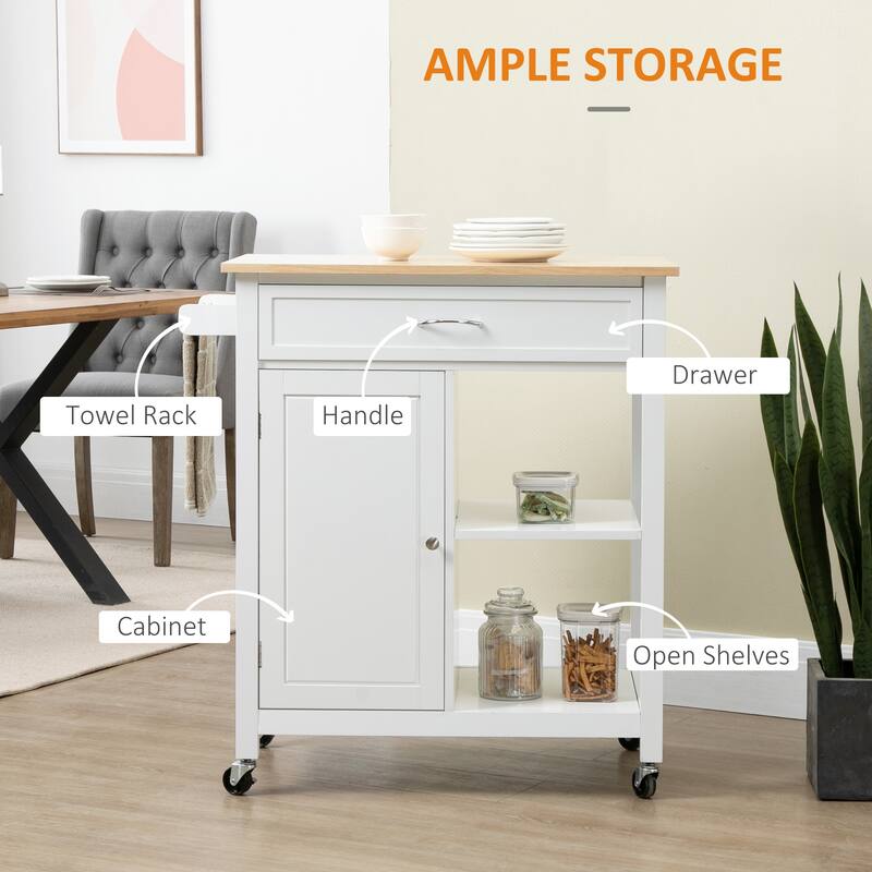 HOMCOM Kitchen Trolley, Wood Top Utility Cart on Wheels with Open Shelf and Storage Drawer for Dining Room, Kitchen