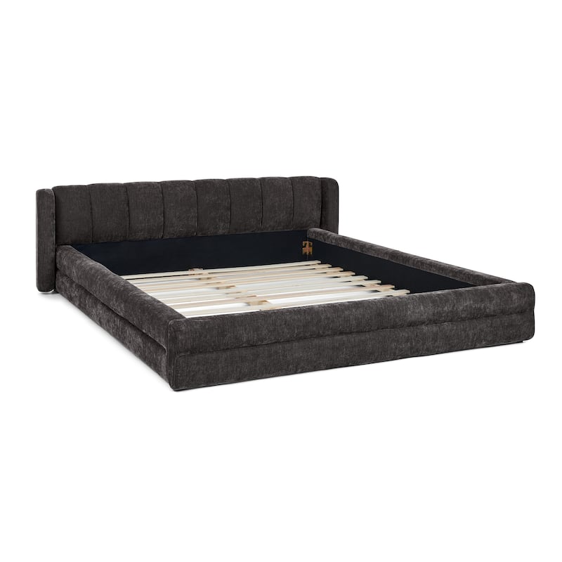Queen Size Upholstered Bed Frame with Headboard & Solid Frame, Chenille Fabric Grounded Platform Bed - Dark Grey