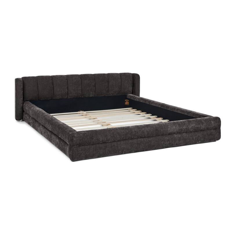Roomfitters Queen Upholstered Chenille Fabric Low Platform Bed with Rounded Headboard, Solid Frame