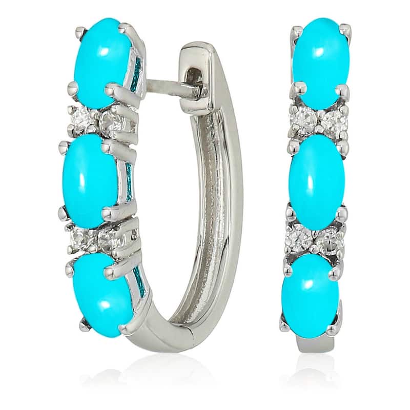 925 Sterling Silver Sleeping Beauty Turquoise and White Natural Zircon Hoops Earrings