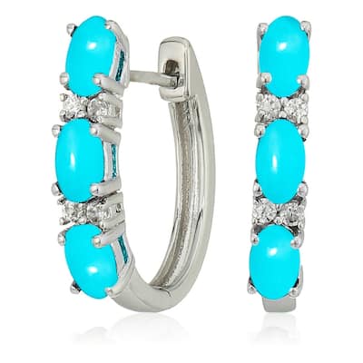 925 Sterling Silver Sleeping Beauty Turquoise and White Natural Zircon Hoops Earrings