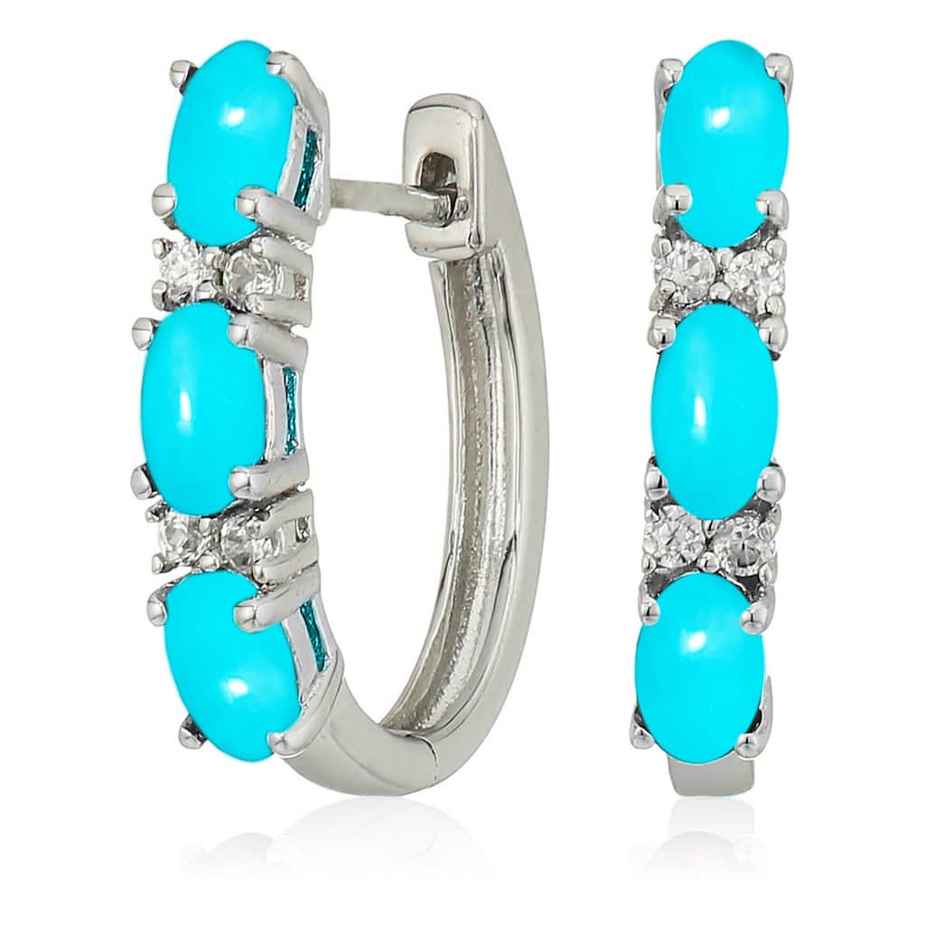 925 Sterling Silver Sleeping Beauty Turquoise and White Natural Zircon Hoops Earrings