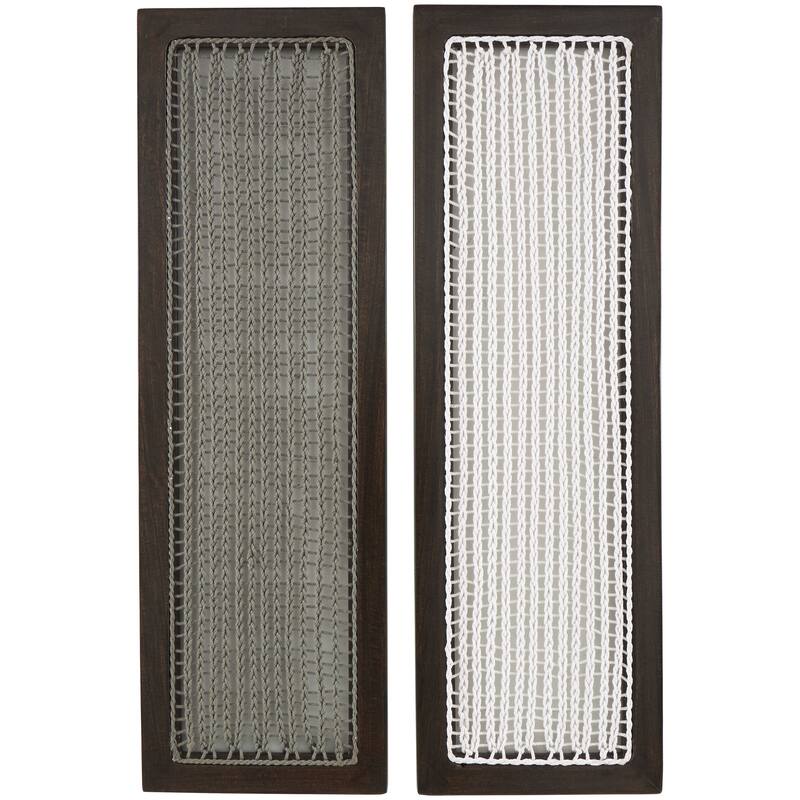 Dark Brown Mango Wood Handmade Woven Geometric Home Wall Decor with White and Sage Macrame (Set of 2)