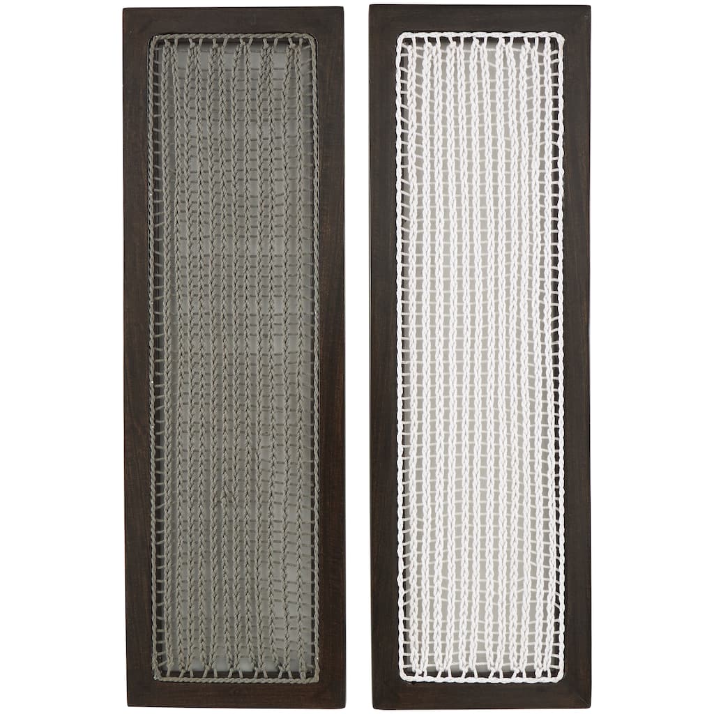 Dark Brown Mango Wood Handmade Woven Geometric Home Wall Decor with White and Sage Macrame (Set of 2)