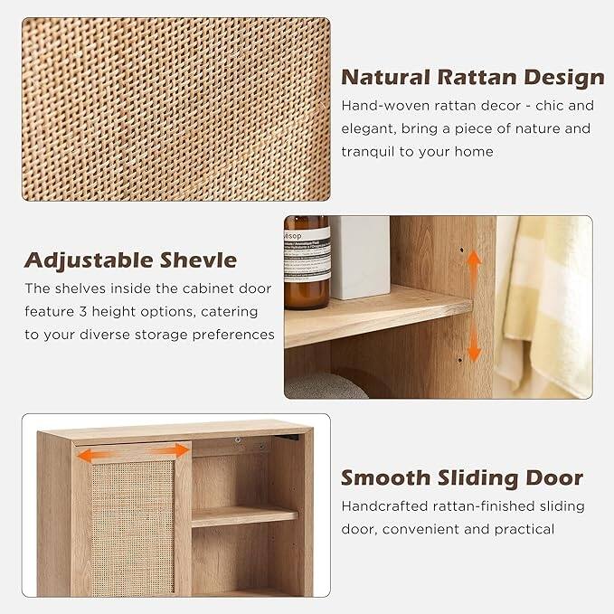 Modern Natural Rattan Wall Cabinet, Bathroom Storage Cabinet