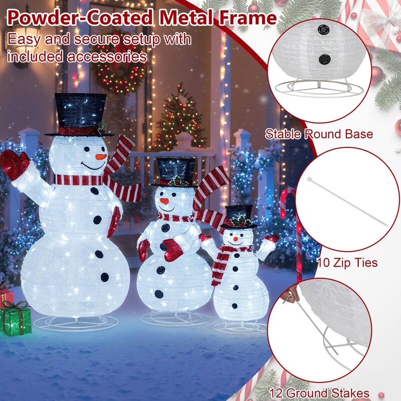 Costway 3PCS Pre-Lit 3D Snowman Set with 270 LED Lights for Home Lawn - as pic shows - See Details