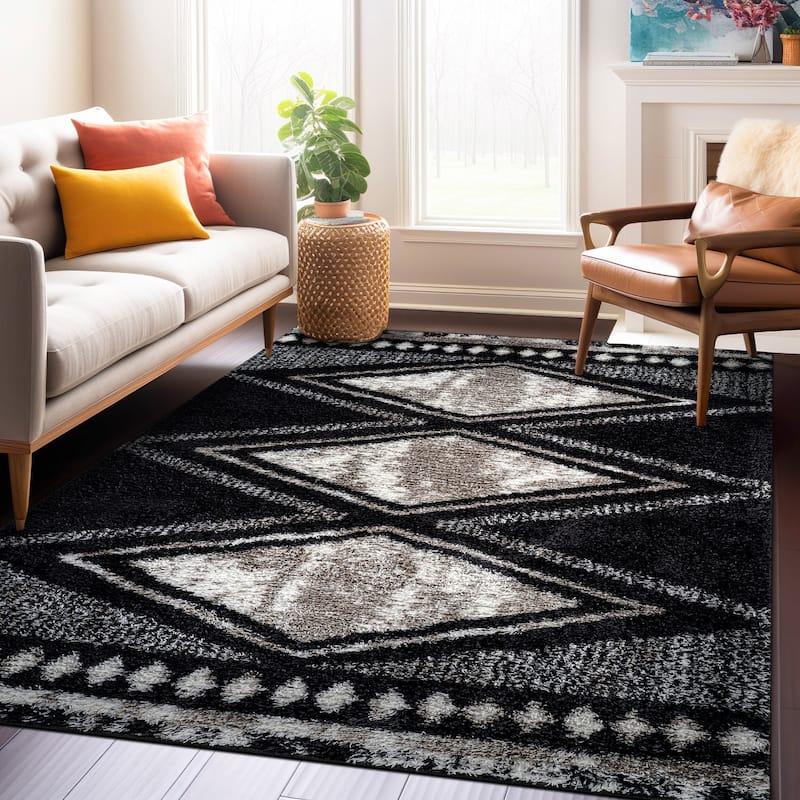Geometric Grid Shag Rug - Anthracite Dark Gray - Medium Pile - Durable for Living Room, Bedroom, or Entryway - 5' x 7'