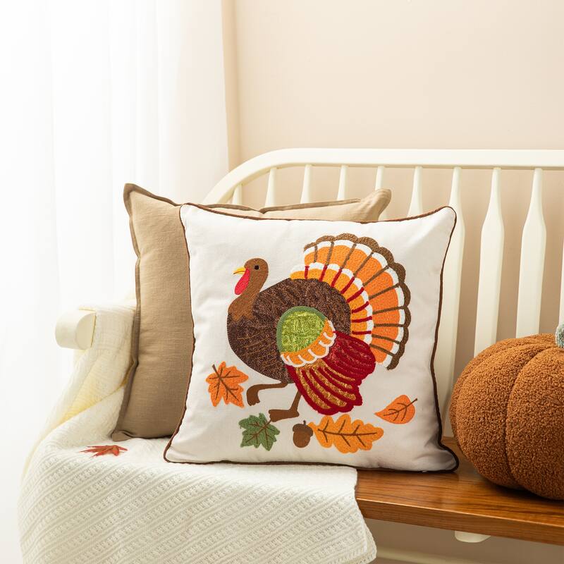 Glitzhome Farmhouse Thanksgiving Harvest Turkey Embroidered Pillow or Pillow Cover