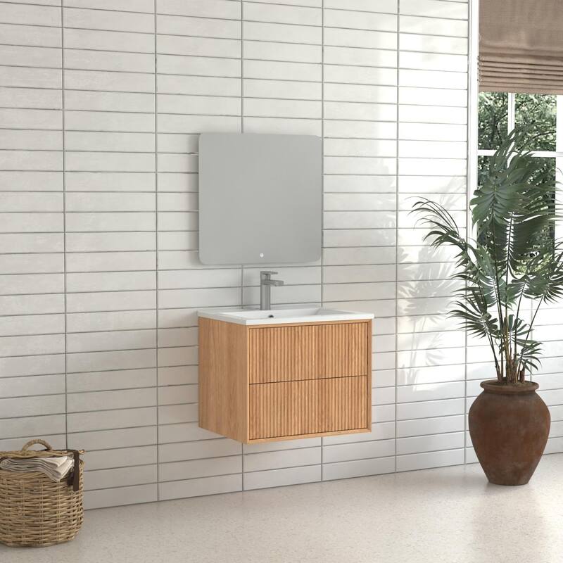 24'' Floating Bathroom Vanity Set,Wall Mounted Solid Wood Cabinet with 2 Storage Drawers,Resin Integrated Basin