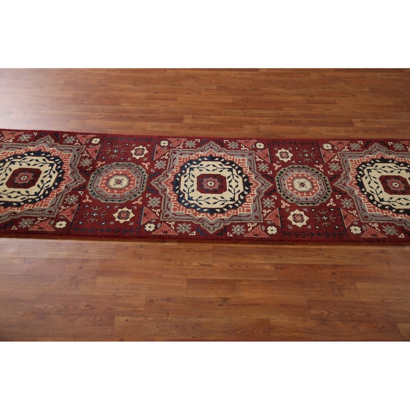 Red Geometric Kazak Indian Runner Rug Hand-Knotted Wool Carpet - 2'6"x 8'1"