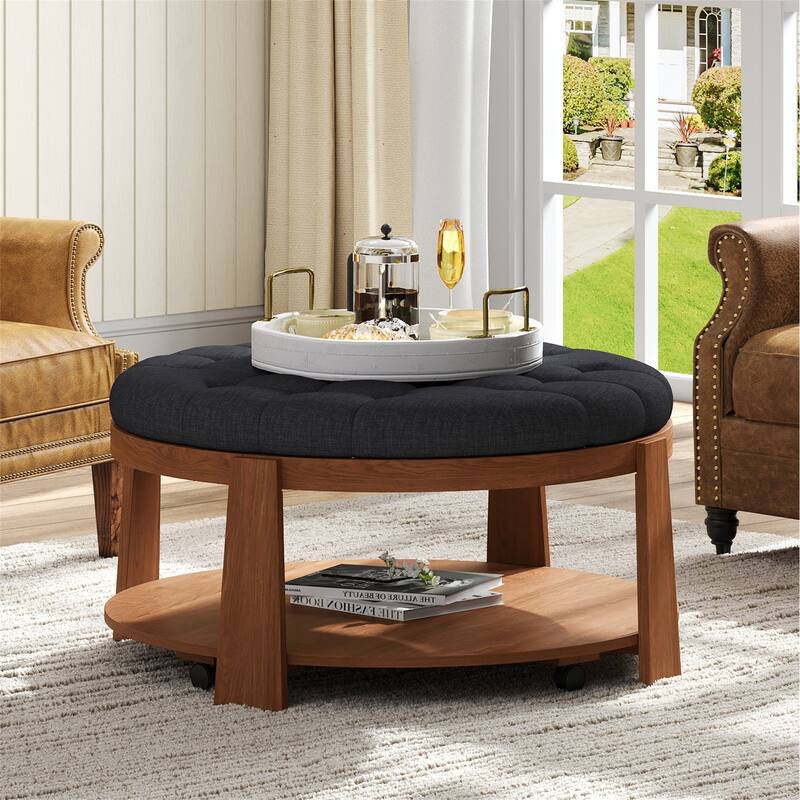 Modern Round Ottoman Coffee Table with Wood Shelf Storage Upholstered Coffee Table for Living Room Footrest Ottoman with wheel