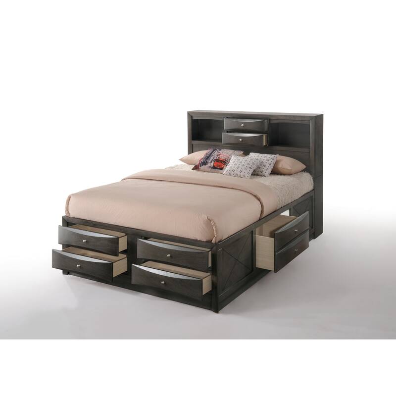 Gray Oak Finish Queen Bed with Storage and 8 Drawers, Wooden Frame, No Box Spring Required - Gray