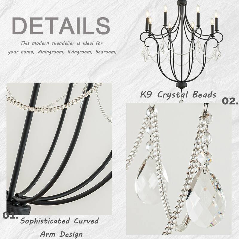 32'' 8-Light Modern Black Mid-Century Modern Candelabra Crystal Chandelier Vintage Candle Pendant Light For Living Room - W32''