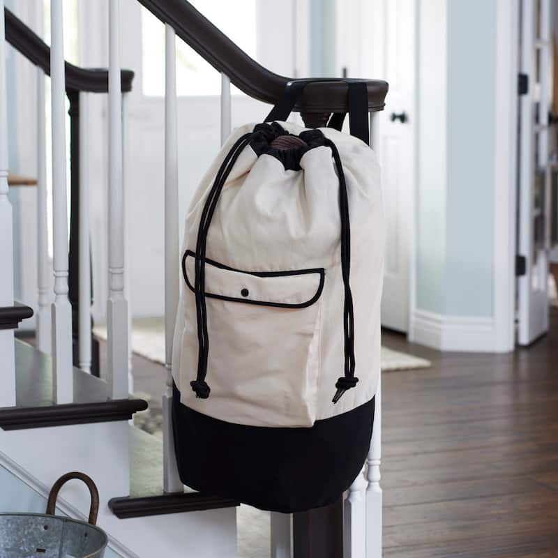 Household Essentials Backpack Duffel Laundry Bag, Cream & Black