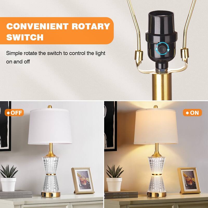 Gold Acrylic Night-light Table Lamp 2in1 with 2 USB Charging Ports An AC Outlet Rotary Switch & Rocker Switch (Set of 2)
