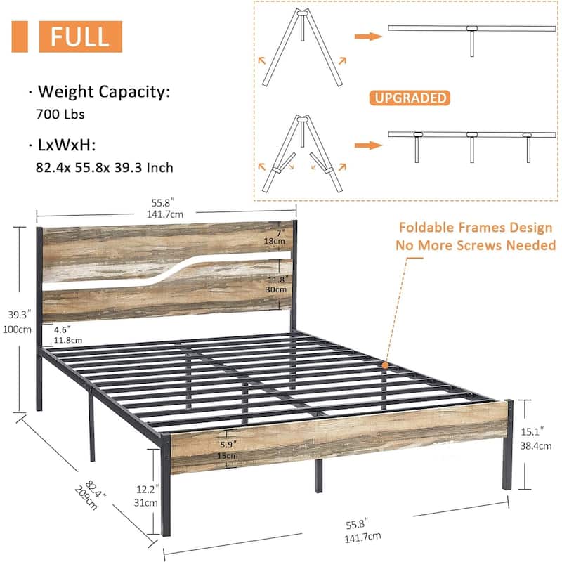 VECELO Beds Industrial Platform Bed Frame with Wood Headboard,Easy Set up