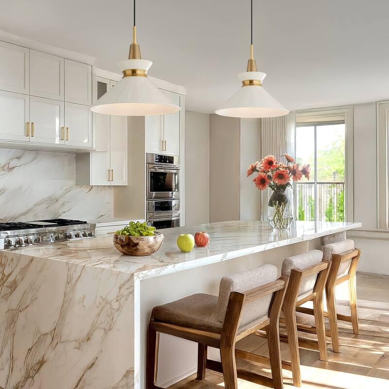 Orbit Bowl Modern Pendant Light - Metal Gold, Ivory White Cone Light Fixture For Modern, Scandinavian, Minimalist Room Decor