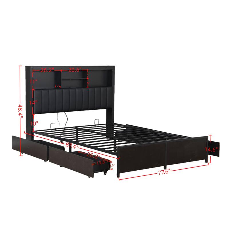 King/Queen Storage Bed with LED Headboard, Charging Station & 4 Drawers