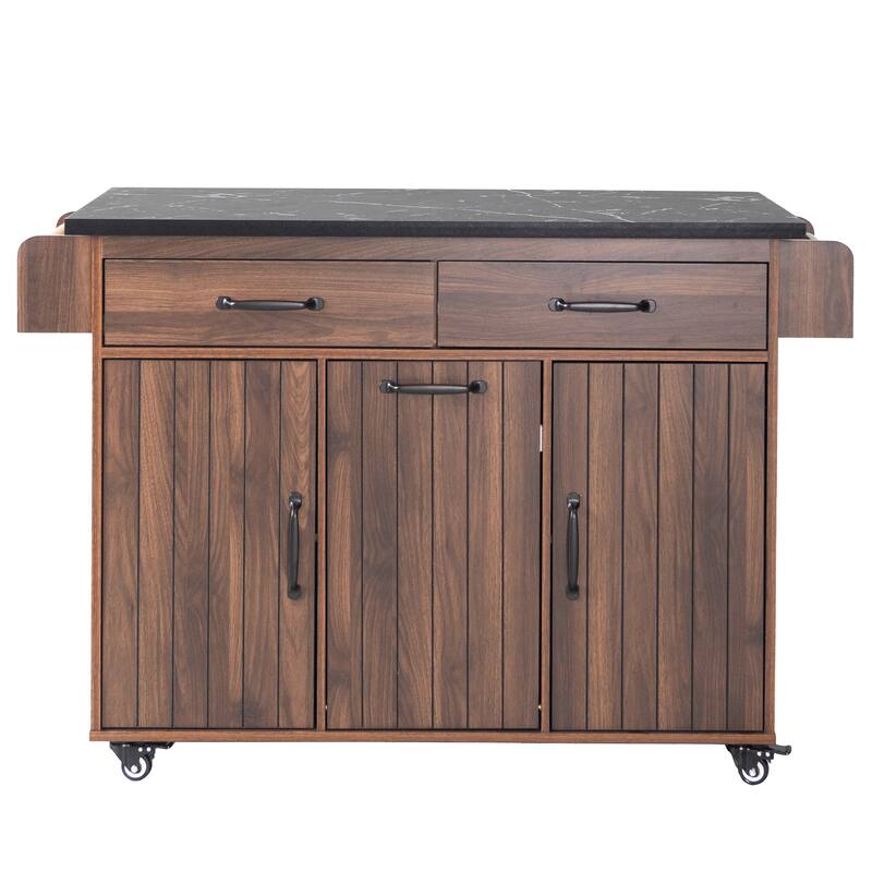 51.06'' Particle Board Kitchen Island with Drop Leaf, RollingWheels, Spice Rack, Towel Rack and Drawers