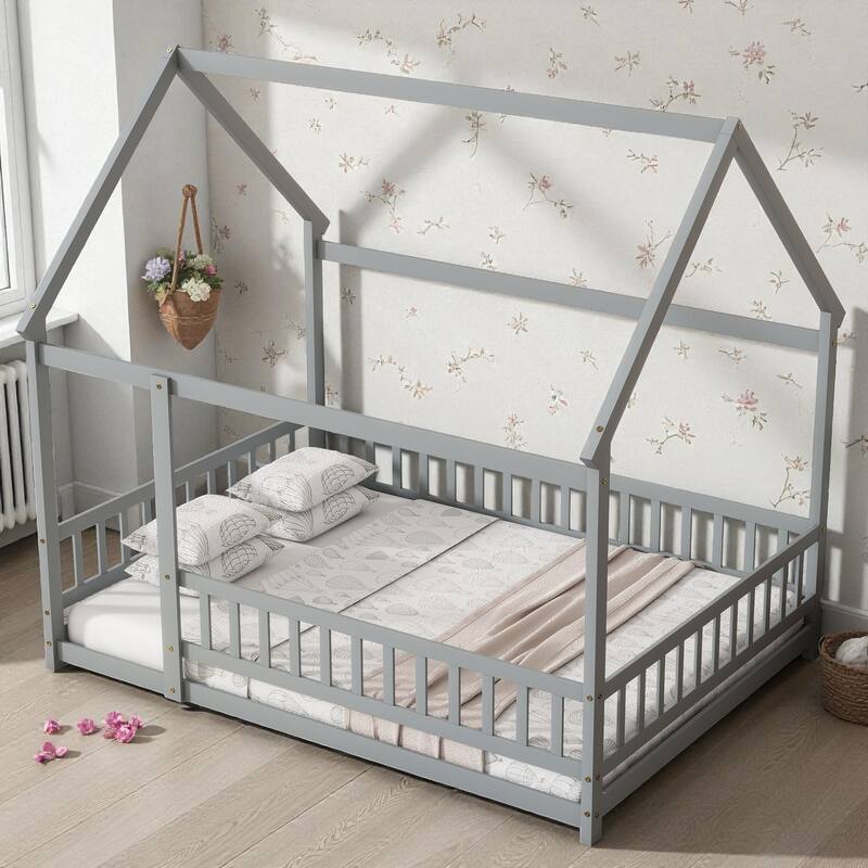 Full Size House Floor Bed with Roof Frame and Guardrails, Solid Wood Montessori Bed for Kids with Fence Design