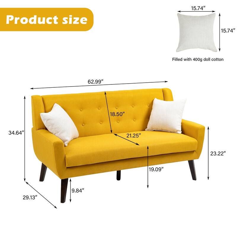 Mid-Century 63-Inch Linen Tufted Loveseat Sofa with Pillows
