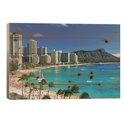 Palm Trees On The Beach, Diamond Head, Waikiki Beach, Oahu, Honolulu, Hawaii, USA Print On Wood by Panoramic Images
