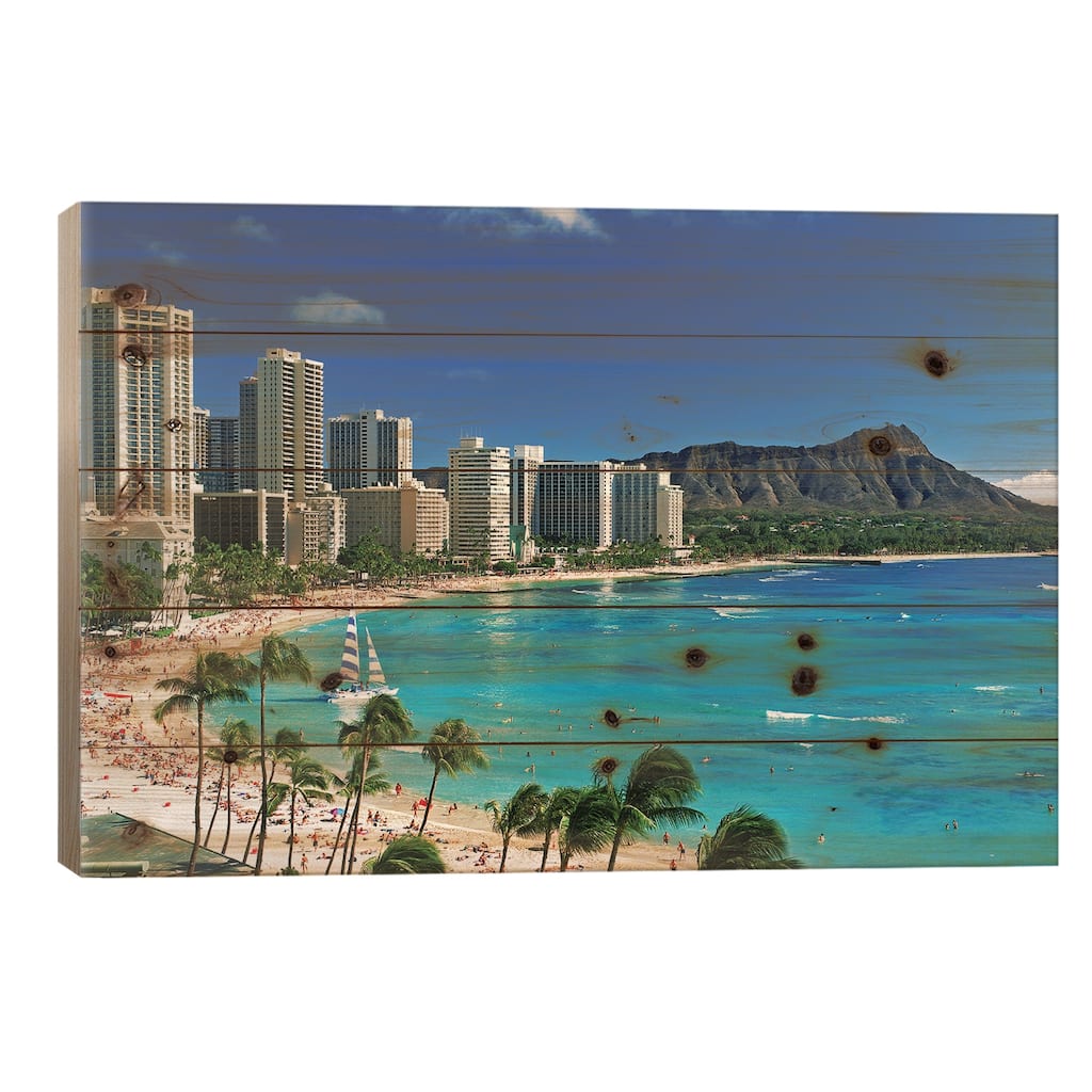 Palm Trees On The Beach, Diamond Head, Waikiki Beach, Oahu, Honolulu, Hawaii, USA Print On Wood by Panoramic Images